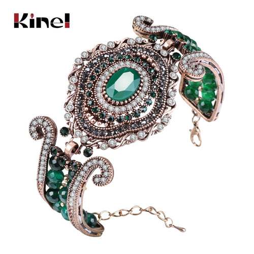 Kinel Luxury Vintage Big Bracelet Green Natural Stone Crystal Beads Bangle For Women Fashion Antique Gold Turkey Jewelry Gift